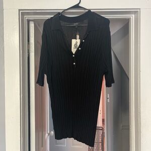 Halogen Black Ribbed Blouse with Pearl Buttons